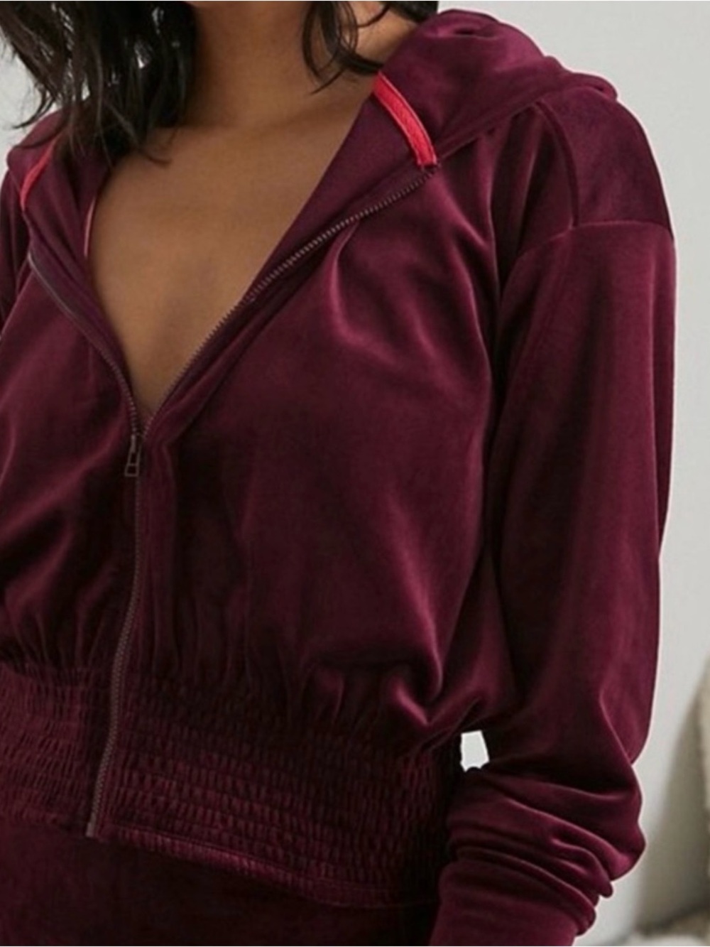 Anthropologie Velvet Zip Hoodie in Deep Wine with Red Trim NWOT